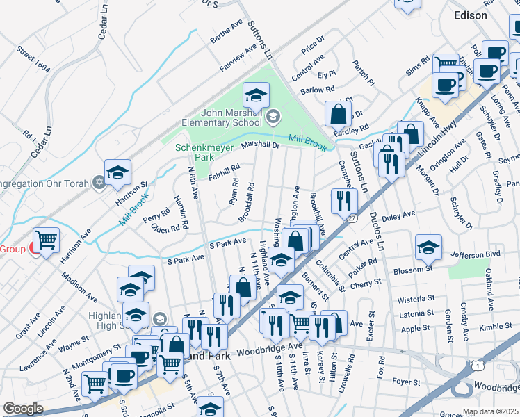map of restaurants, bars, coffee shops, grocery stores, and more near 41 Leslie Street in Edison
