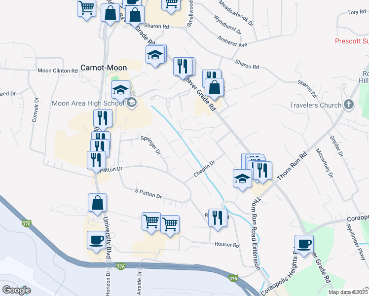 map of restaurants, bars, coffee shops, grocery stores, and more near 1632 Forest Green Drive in Carnot-Moon