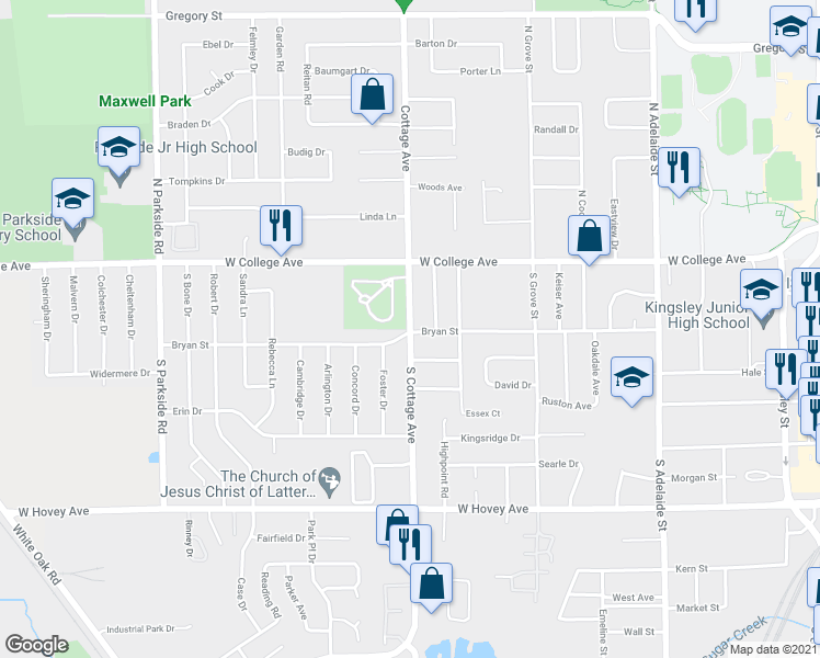 map of restaurants, bars, coffee shops, grocery stores, and more near 201 South Cottage Avenue in Normal