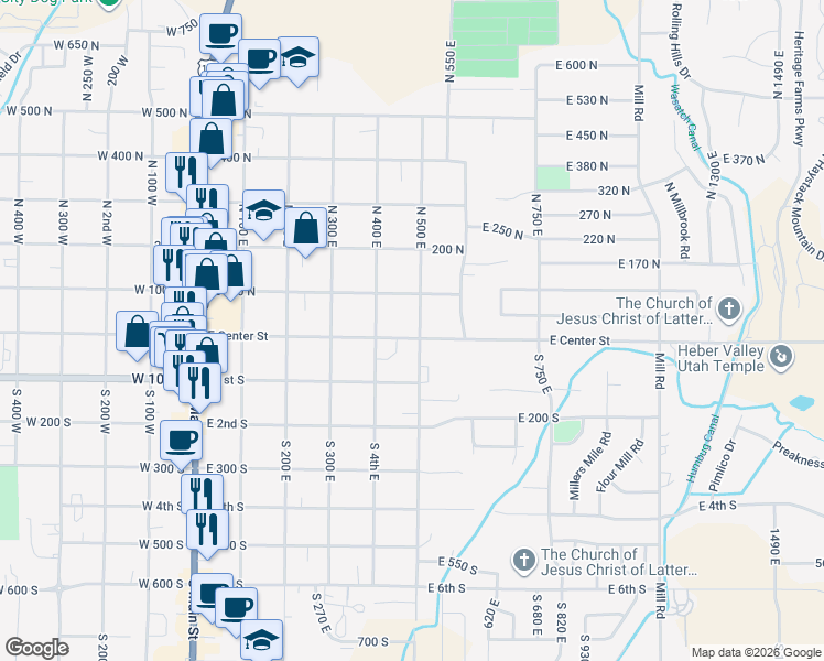 map of restaurants, bars, coffee shops, grocery stores, and more near 494 East Center Street in Heber City