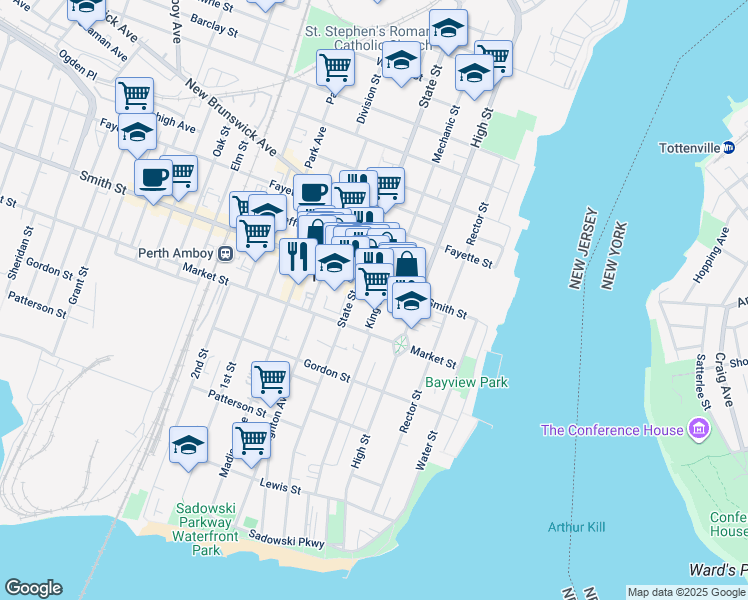 map of restaurants, bars, coffee shops, grocery stores, and more near 271 King Street in Perth Amboy
