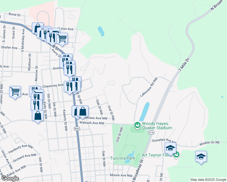 map of restaurants, bars, coffee shops, grocery stores, and more near 1229 2nd Street Northwest in New Philadelphia