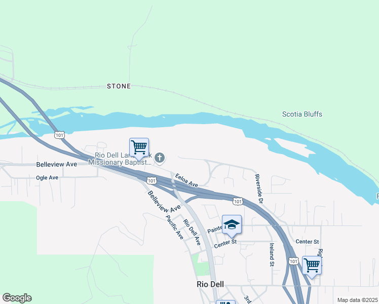 map of restaurants, bars, coffee shops, grocery stores, and more near 1235 Riverside Drive in Rio Dell