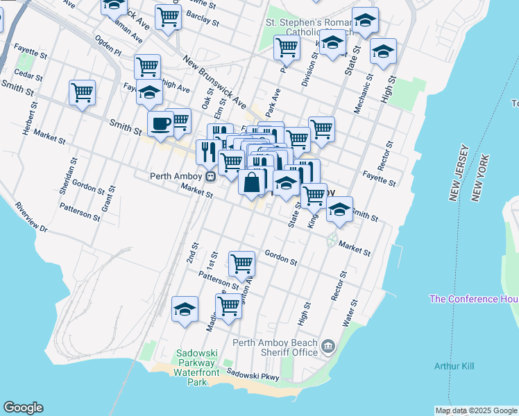 map of restaurants, bars, coffee shops, grocery stores, and more near 244 Madison Avenue in Perth Amboy