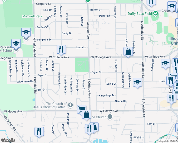map of restaurants, bars, coffee shops, grocery stores, and more near 201 South Cottage Avenue in Normal