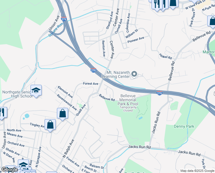map of restaurants, bars, coffee shops, grocery stores, and more near 813 Bellwood Drive in Pittsburgh