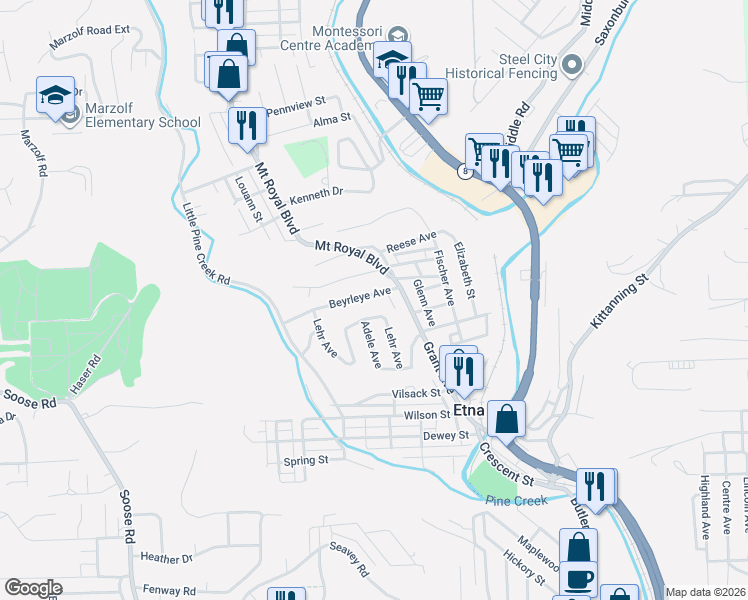 map of restaurants, bars, coffee shops, grocery stores, and more near 124 Lehr Avenue in Pittsburgh
