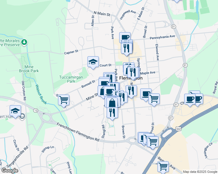 map of restaurants, bars, coffee shops, grocery stores, and more near 1 Stangl Road in Flemington