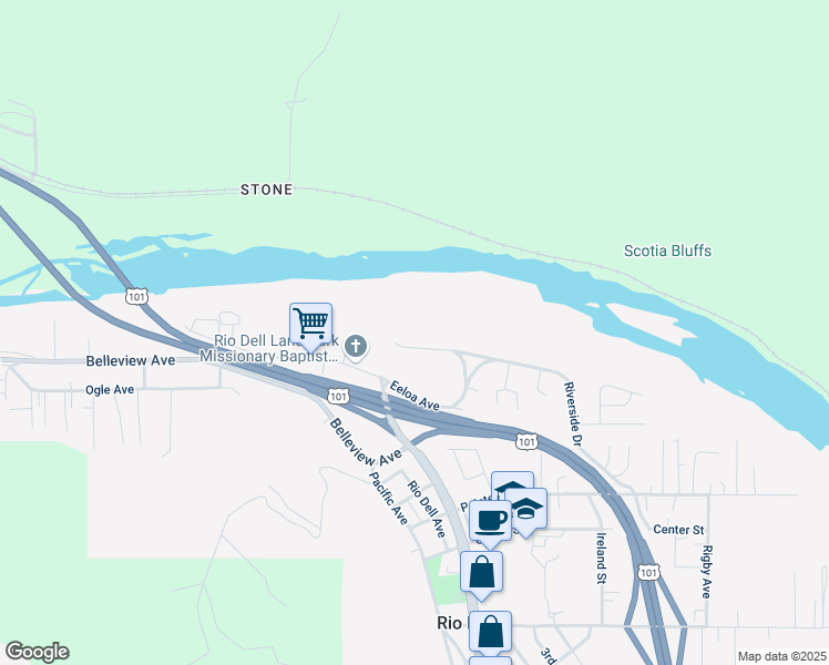 map of restaurants, bars, coffee shops, grocery stores, and more near 1235 Riverside Drive in Rio Dell