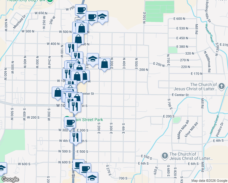 map of restaurants, bars, coffee shops, grocery stores, and more near 315 East Center Street in Heber City