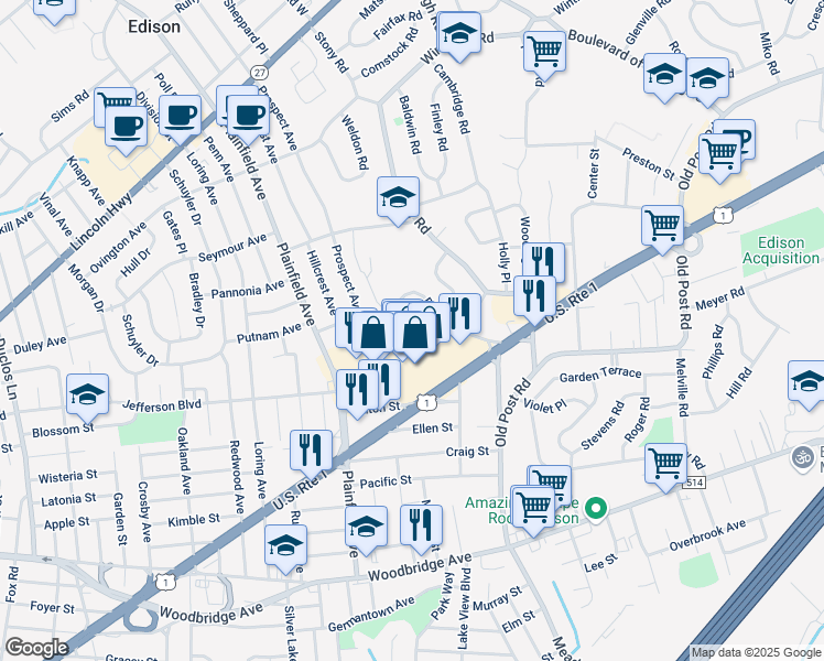 map of restaurants, bars, coffee shops, grocery stores, and more near in Edison