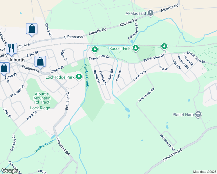 map of restaurants, bars, coffee shops, grocery stores, and more near 7797 Furnace Drive in Macungie
