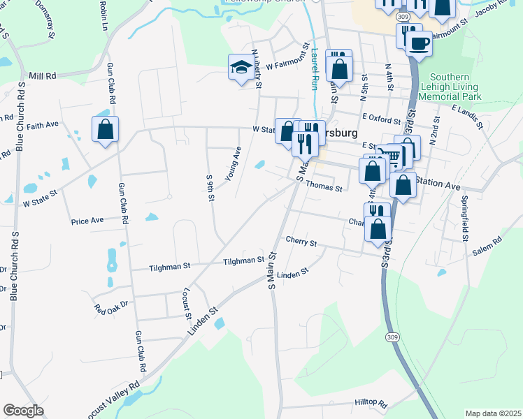 map of restaurants, bars, coffee shops, grocery stores, and more near 311 Locust Street in Coopersburg