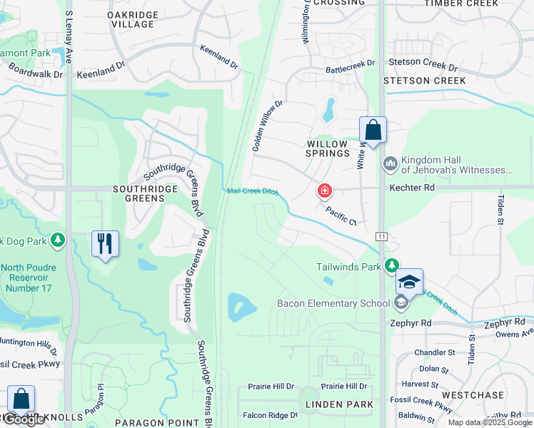 map of restaurants, bars, coffee shops, grocery stores, and more near 5638 Weeping Way in Fort Collins