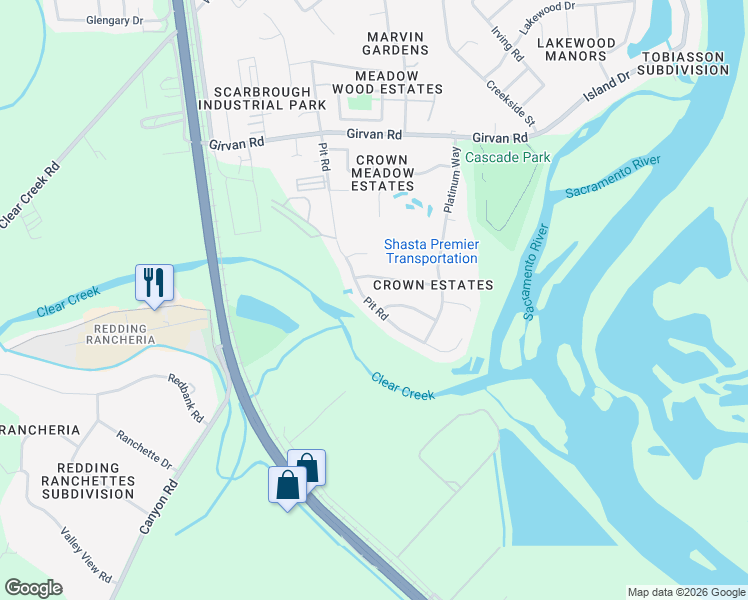 map of restaurants, bars, coffee shops, grocery stores, and more near 7597 Pit Road in Redding