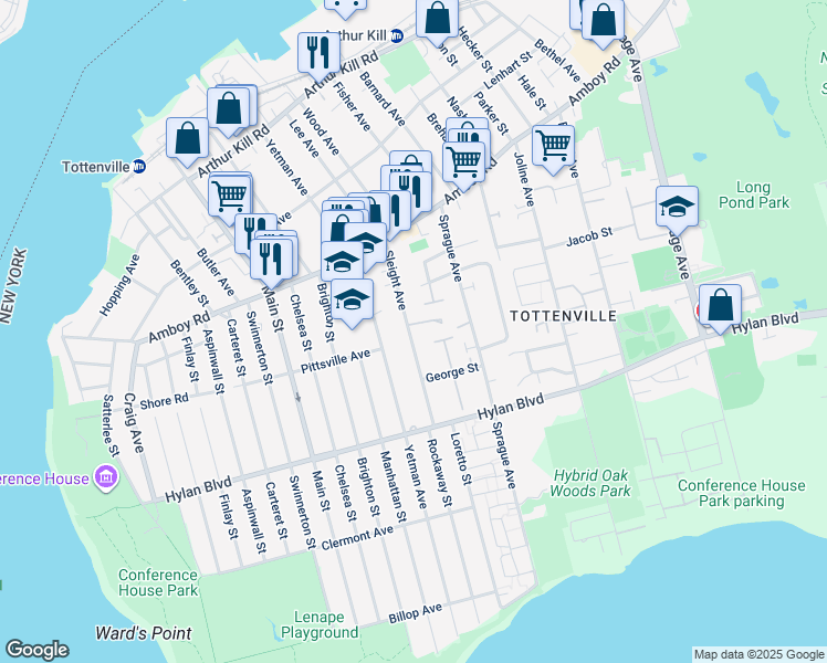 map of restaurants, bars, coffee shops, grocery stores, and more near 405 Sleight Avenue in Staten Island