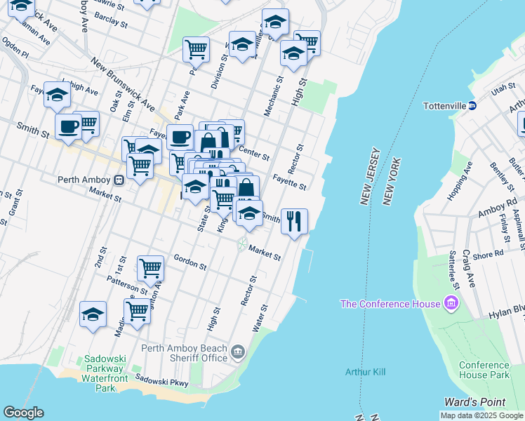 map of restaurants, bars, coffee shops, grocery stores, and more near in Perth Amboy