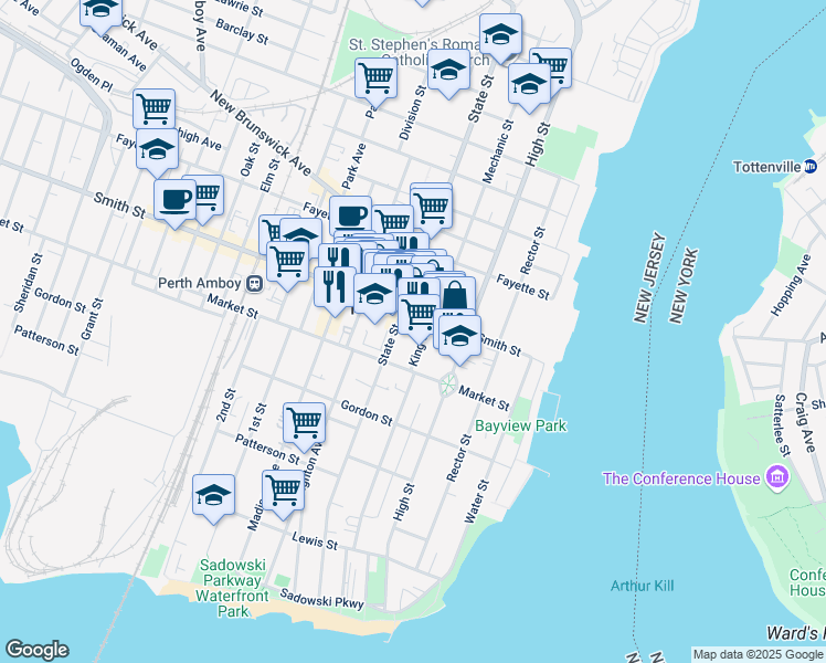 map of restaurants, bars, coffee shops, grocery stores, and more near 262 State Street in Perth Amboy