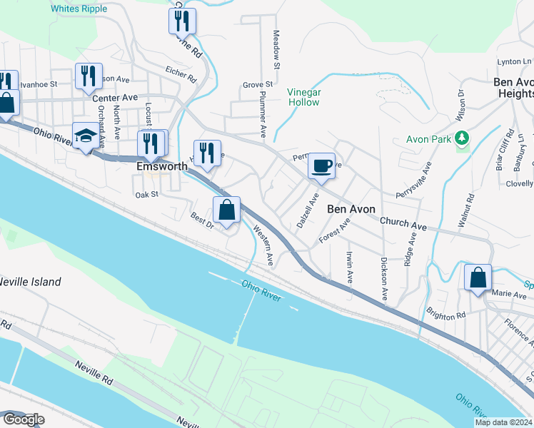map of restaurants, bars, coffee shops, grocery stores, and more near 7315 Brighton Road in Pittsburgh