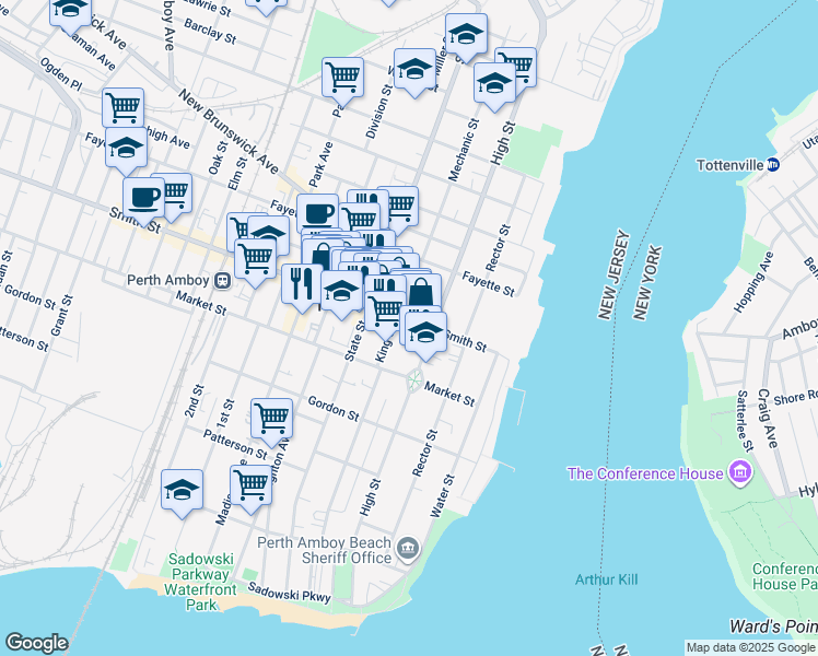 map of restaurants, bars, coffee shops, grocery stores, and more near 270 King Street in Perth Amboy
