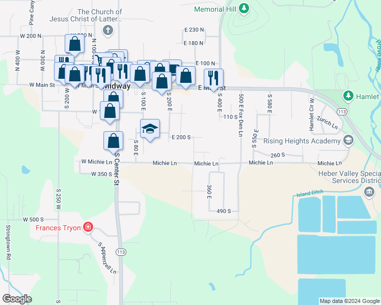 map of restaurants, bars, coffee shops, grocery stores, and more near 272 South 300 East in Midway