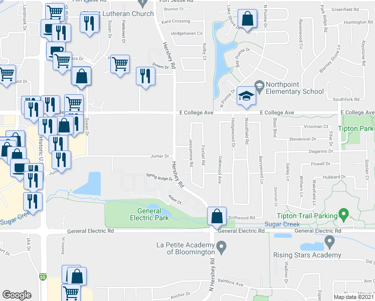 map of restaurants, bars, coffee shops, grocery stores, and more near 2105 Summerfield Boulevard in Bloomington