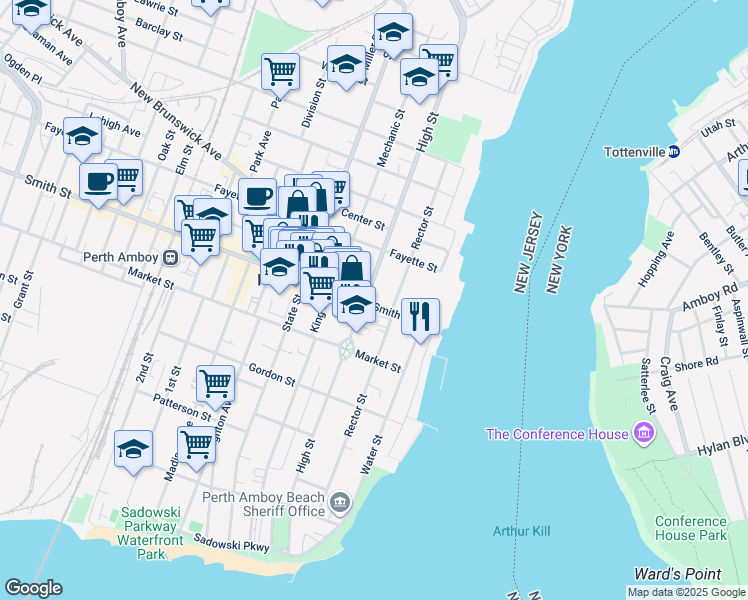 map of restaurants, bars, coffee shops, grocery stores, and more near in Perth Amboy