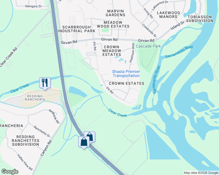 map of restaurants, bars, coffee shops, grocery stores, and more near 7597 Pit Road in Redding