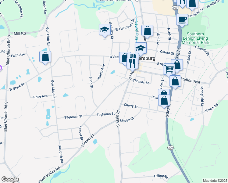 map of restaurants, bars, coffee shops, grocery stores, and more near 311 Locust Street in Coopersburg