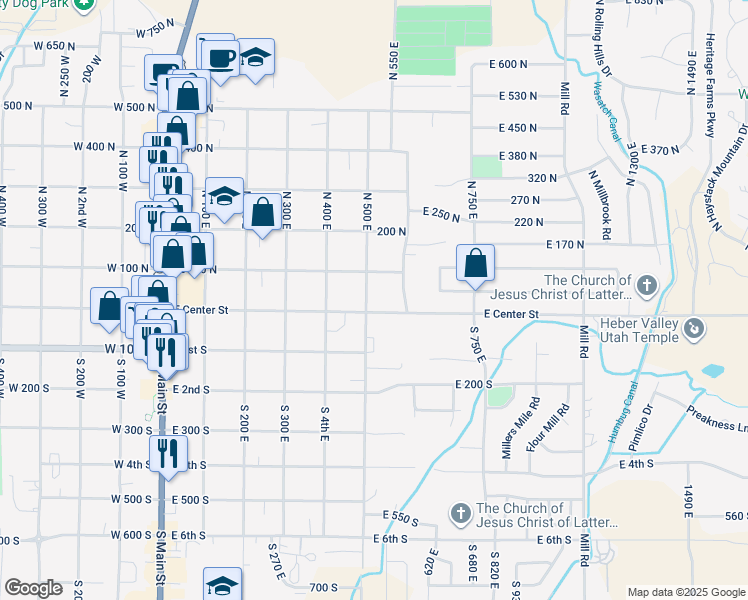 map of restaurants, bars, coffee shops, grocery stores, and more near 30 North 500 East in Heber City