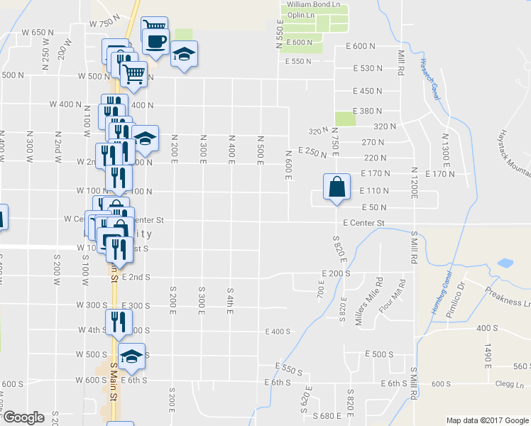 map of restaurants, bars, coffee shops, grocery stores, and more near 30 North 500 East in Heber City