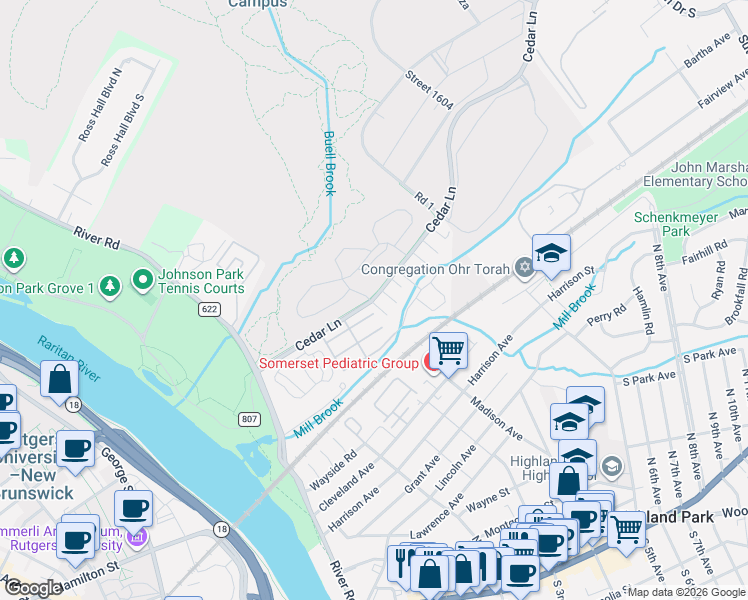 map of restaurants, bars, coffee shops, grocery stores, and more near 98a Cedar Lane in Highland Park