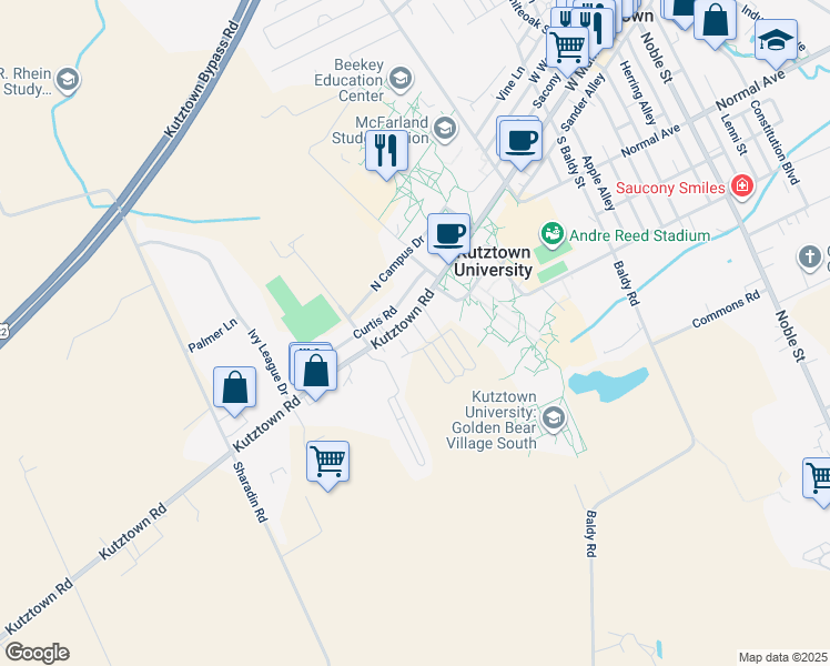 map of restaurants, bars, coffee shops, grocery stores, and more near 15164 Kutztown Road in Kutztown