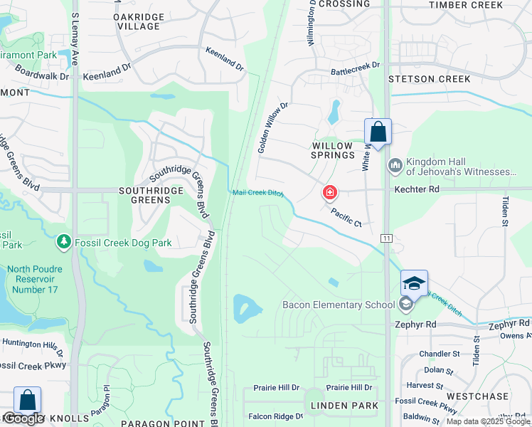 map of restaurants, bars, coffee shops, grocery stores, and more near 5638 Weeping Way in Fort Collins