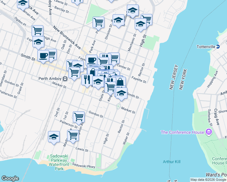 map of restaurants, bars, coffee shops, grocery stores, and more near 270 King Street in Perth Amboy