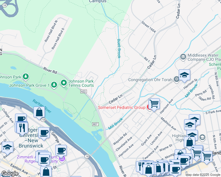 map of restaurants, bars, coffee shops, grocery stores, and more near 79 Forest Glen Drive in Highland Park