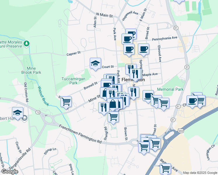 map of restaurants, bars, coffee shops, grocery stores, and more near 1 Stangl Road in Flemington
