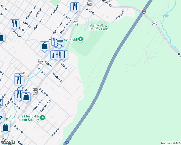 map of restaurants, bars, coffee shops, grocery stores, and more near 301-307 Mountain Ave in Altoona