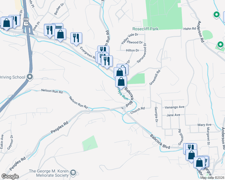 map of restaurants, bars, coffee shops, grocery stores, and more near 110 Rock Ridge Road in Pittsburgh