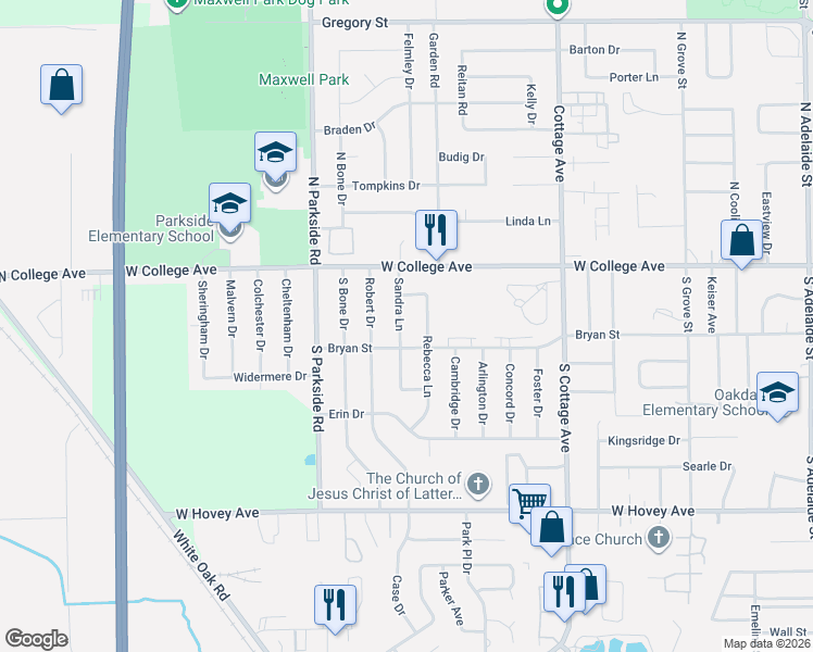 map of restaurants, bars, coffee shops, grocery stores, and more near 116 Sandra Lane in Normal