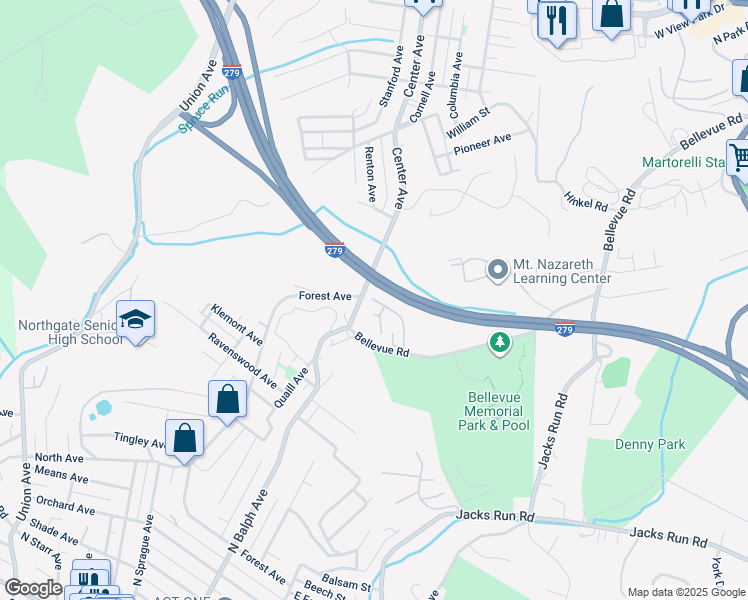 map of restaurants, bars, coffee shops, grocery stores, and more near 810 Bellwood Drive in Pittsburgh