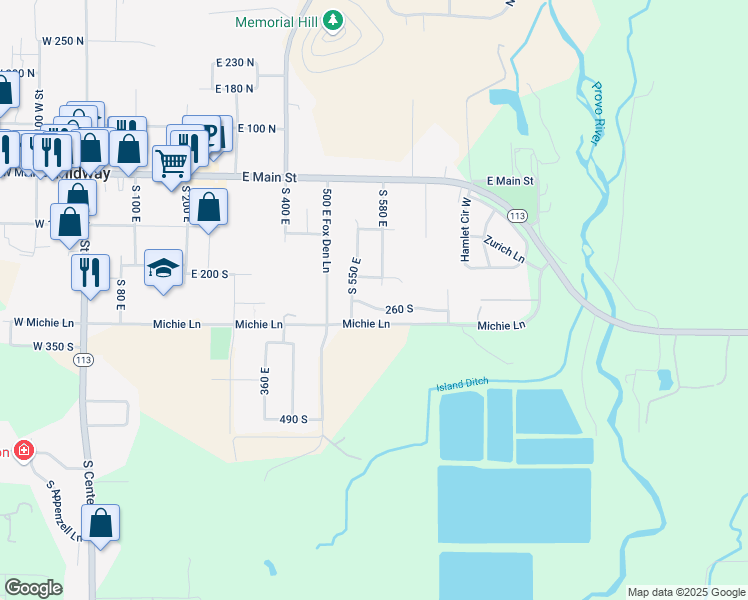 map of restaurants, bars, coffee shops, grocery stores, and more near 283 South 550 East in Midway