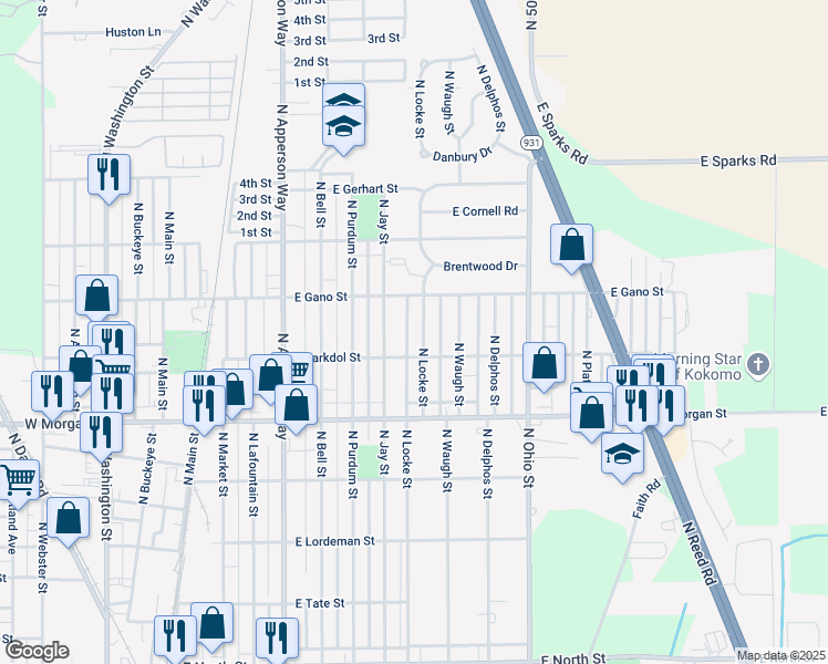 map of restaurants, bars, coffee shops, grocery stores, and more near 2200 North Jay Street in Kokomo