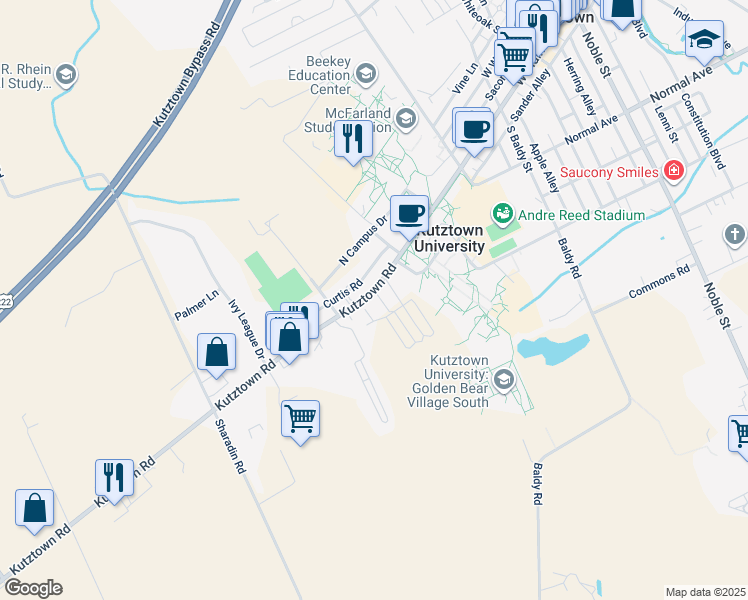 map of restaurants, bars, coffee shops, grocery stores, and more near 15164 Kutztown Road in Kutztown