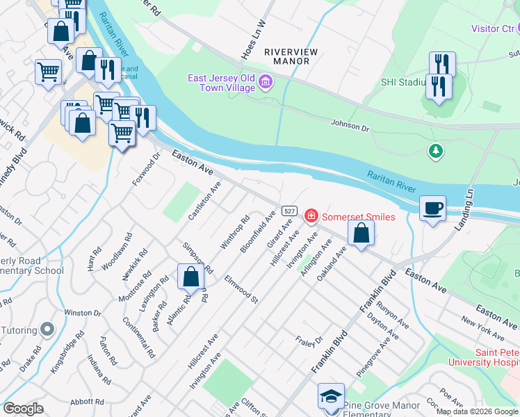 map of restaurants, bars, coffee shops, grocery stores, and more near 1 Winthrop Road in Franklin Township