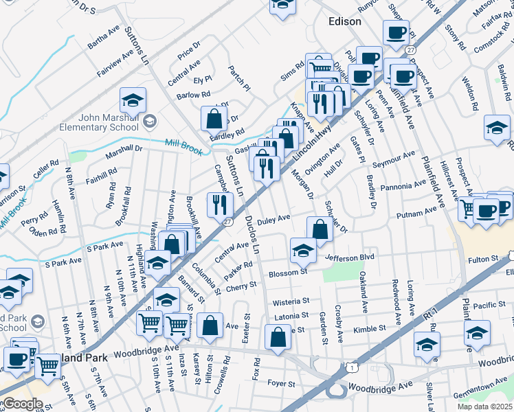 map of restaurants, bars, coffee shops, grocery stores, and more near 155 Duclos Lane in Edison