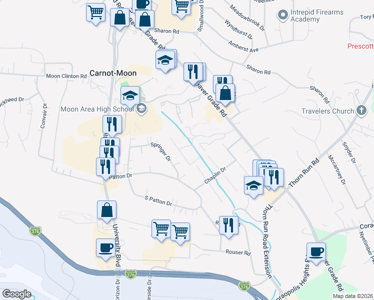 map of restaurants, bars, coffee shops, grocery stores, and more near 1335 Forest Green Drive in Coraopolis