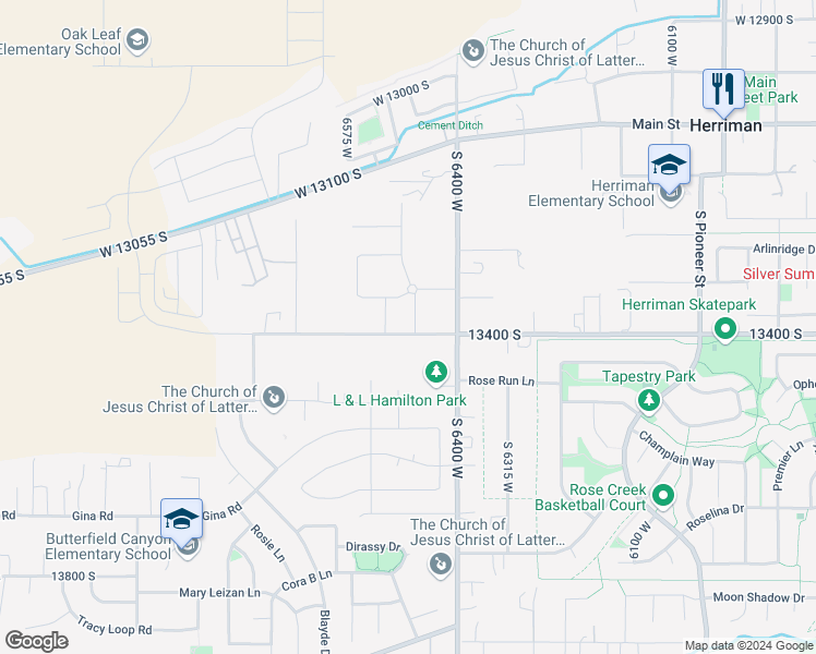 map of restaurants, bars, coffee shops, grocery stores, and more near 6503 13400 South in Herriman