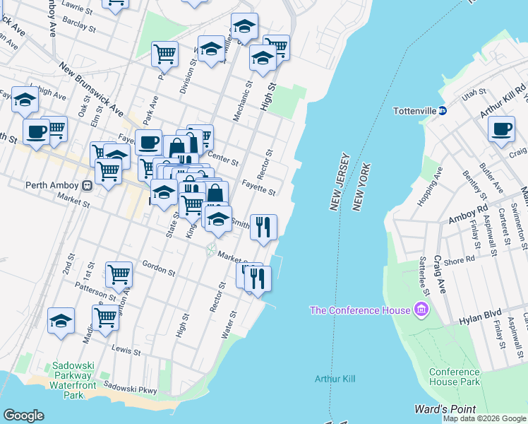 map of restaurants, bars, coffee shops, grocery stores, and more near 27 Smith Street in Perth Amboy