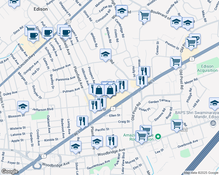 map of restaurants, bars, coffee shops, grocery stores, and more near 96 Plainfield Avenue in Edison